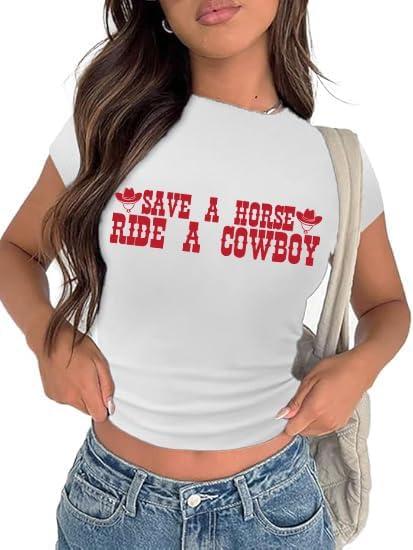 Cropped Cowgirl Outfits for Women Western Rodeo Crop Tops Cowboy Country Concert Graphic Tees (Small, White Font)