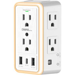 USB Wall Charger Surge Protector, Super Electro 6 Outlet Extender with 3 USB Charging Ports (5V 3.4A Total) and Night Light, 3-Sided 1500J Multi Plug Wall Outlet for Home, Office, ETL Listed