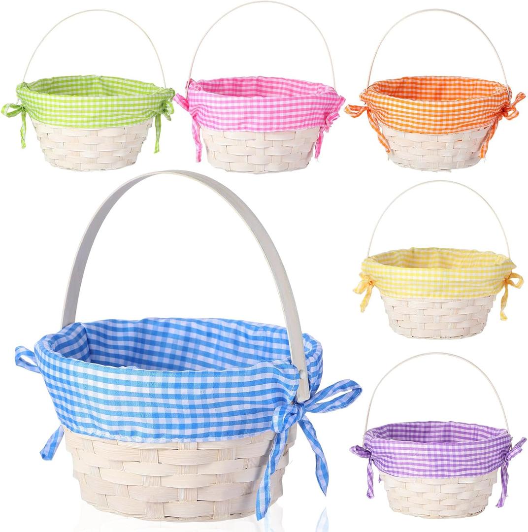 Yulejo 6 Pieces Easter Woven Bamboo Basket Round Small Woven Basket with Handle Buckets for Easter Egg Hunt Picnic Party Supplies Birthday Decoration(Plaid)