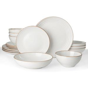 Famiware Jupiter 16-Piece Stoneware Dinnerware Set for 4 - Includes Pasta Bowl & Dinner Plate, Handcrafted Dishes with Speckles & Embossed Swirls, Chip & Scratch Resistant, Daily & Formal Use, White