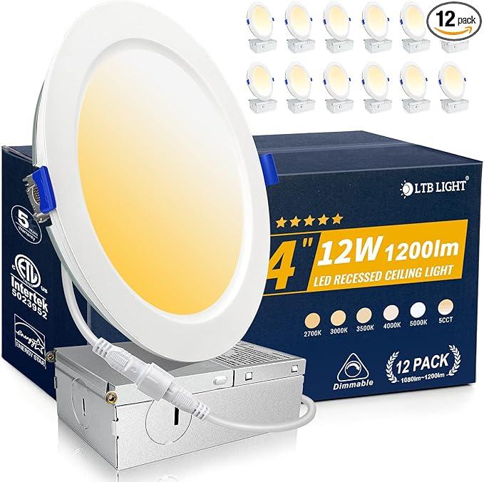 LTBLIGHT 12 Pack Recessed Lighting 4 inch, 5000K UltraThin LED Canless Recessed Lighting, Retrofit Dimmable Recessed Lights, 1200LM 12W=150W Wafer Lights  ETL & Energy Star Certified
