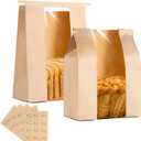 200 Pack Large Paper Bread Bags for Homemade Bread with Tin Tie Tab Lock,14" x 8.3" x 3.5" Sourdough Kraft Loaf Bag with Clear Front Window,Label Seal Sticker Included