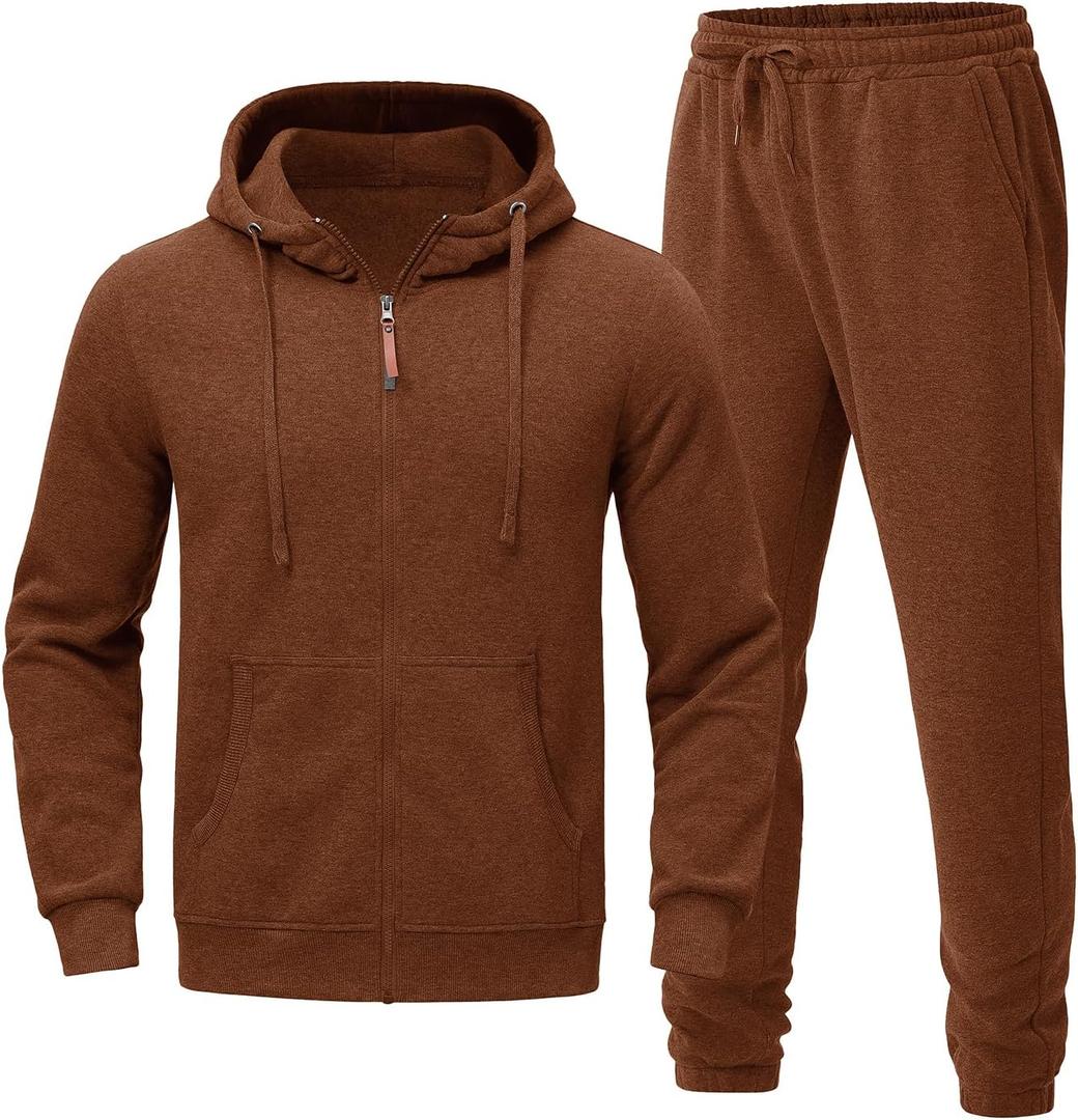 Riskrole Men's Hooded Tracksuit 2 Pieces Set Zip up Fleece Sweatsuit Casual Outdoor Sports Jogging Suits Set (Brown)  Small