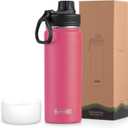 koodee 22 oz Water Bottle Stainless Steel Double Wall Vacuum Insulated Sports Water Bottle with 3 Lids, Reusable Metal Water Flask with Straw for women and Girls, BPA Free(Pink Red)