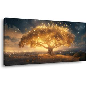 Palderwallart Beautiful Fantasy Tree of Life Landscape Wall Art for Living Room Office Nature Scenery Gold Painting Prints Sunrise Scenic Canvas Artwork Over the Couch Dining (20x40 Inches)