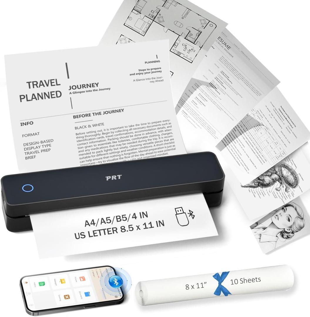 PRT Inkless Portable Printer for Travel, Wireless Thermal Printer Support 8.5 x 11 Inch US Letter A4 B5, Bluetooth Mobile Printers with iOS, Android, Laptop for Home Use, Car, Office, School, Black