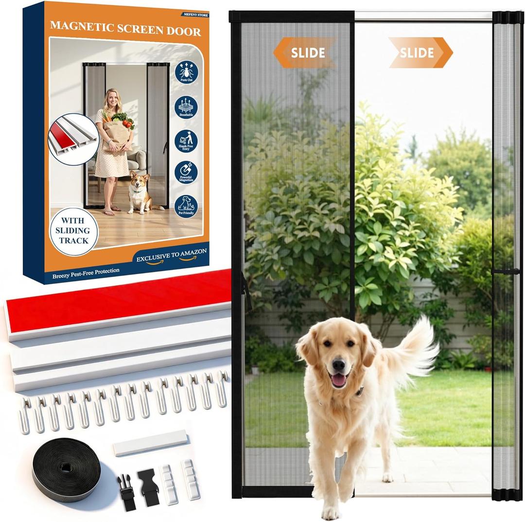 Magnetic Screen Door with Sliding Track, Fits 30'' x 80'' Door, Classic Center-Opening, Scratch-Proof Polyester Mesh, Retractable to Both Sides, Hands-Free Entry with Maximizes Usable Space, Black