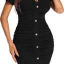 Beyove Summer Casual Ruched Bodycon Ribbed Sexy V Neck Button Down Stretchy Fitted Cocktail Party Club Mini Dresses (Small, 01-black)