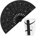 Glitter Large Rave Folding Clack Hand Fan with Holster, Boots on the Ground Popping Handheld Fan Foldable for Men Women for EDM Festival Club Party Dance, (Black, Large 13") (33cm Closed | 63cm Open (13" Closed | 24.5" Open))