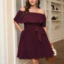 SCOMCHIC Women's Plus Size Cocktail Dress Off The Shoulder Flowy Pleated Wedding Guest Party Short Dress