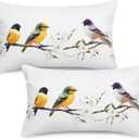 Decorative Lumbar Throw Pillow Covers Set of 2, Double-Sided Design 12 x 20 Inch Indoor Outdoor White Linen Watercolor Birds Cushion Cases, Fit Sofa Couch for Home Patio and Garden Decoration