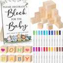 Tatuo 75 Pcs Baby Shower Games Sign Kit Including Decorate a Block Game Sign 50 DIY Wooden Block 24 Acrylic Paint Marker Baby Shower Prize for Gender Reveal Party(Safari)