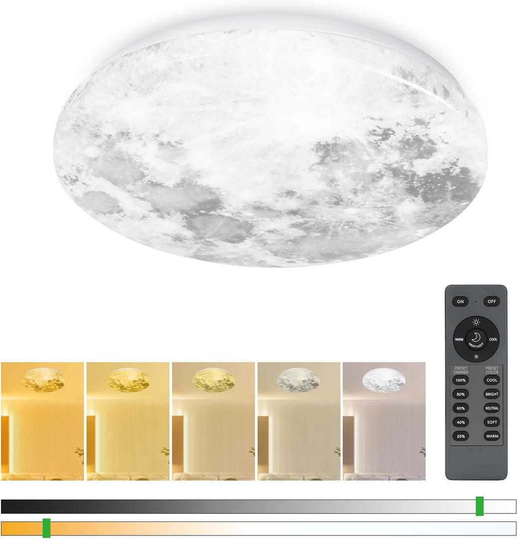 15in Dimmable Moon Ceiling Light Fixture 42W with Remote, 2700K-5000K Dimmable Flush Mount Kids Ceiling Lighting, 120V Wall Mount Moon Lamp for Kids Room, Bedroom, Study Room, Aisle, ETL Listed