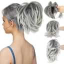 CJL HAIR Claw Clip Short Ponytail Hair Extensions Bendable Metals Messy Bun Hair piece Wavy Curly Fake Hairpieces (Gray and White Tips, Straight)