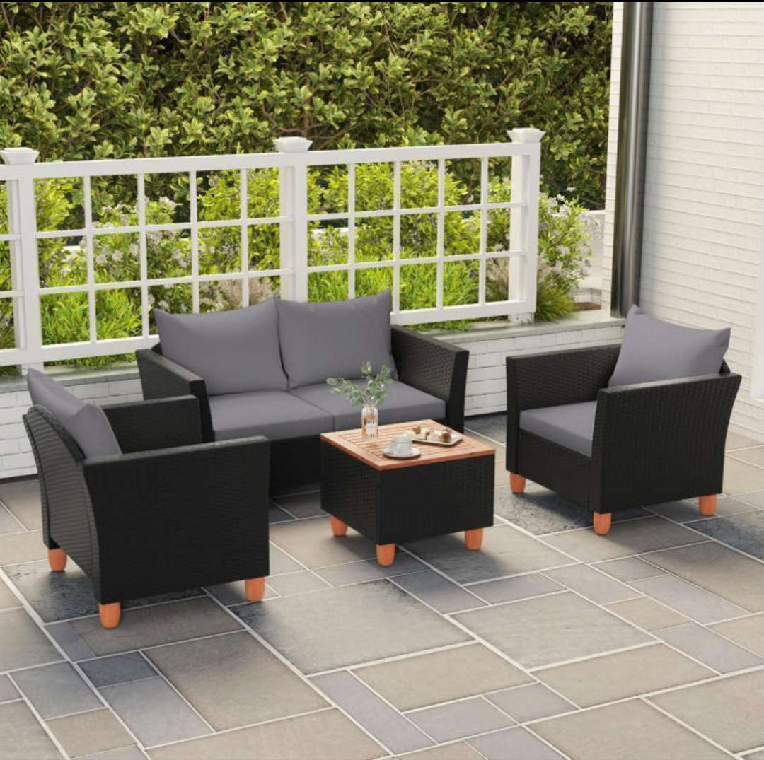 HW72334GR Outdoor Conversation Set with Storage Coffee Table - Gray - 4 Piece