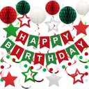 meowtastic Birthday Decorations, Happy Birthday Banner with Honeycomb Balls, Stars Hanging Swirl Streamers, Circle Dots Garland, Happy Birthday Party Decorations for Women Men Boys Girls (Red & Green)