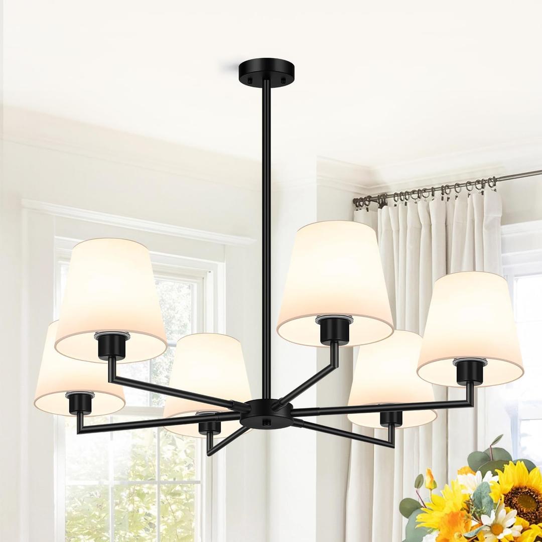 36" Black Dining Room Light Fixture, No Assembly Required 6-Lights Kitchen Chandelier for Dining Room with White Fabric Shade, Chandelier Ceiling Light Fixture for Kitchen Island Bulb Not Included