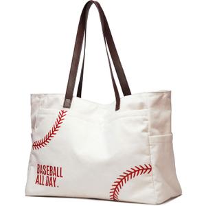 XL Baseball Mom Tote Bags For Women Canvas Utility Purse Handbag with Pockets Embroidery Baseball Prints Shoulder Bag Baseball Stuff Gifts for Baseball Mom (X-Large, White)