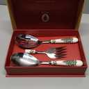 Spode Christmas Tree 3-Piece Stainless Steel Cutlery Set - Porcelain Handle Flatware with Meat Fork, Serving Spoon, & Slotted Spoon - Holiday Silverware for Christmas Dinners & Seasonal Gatherings