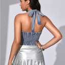 MakeMeChic Women's Denim Corset Top Jean Halter Crop Top Lace Up Y2K Vest Top (Blue, L)