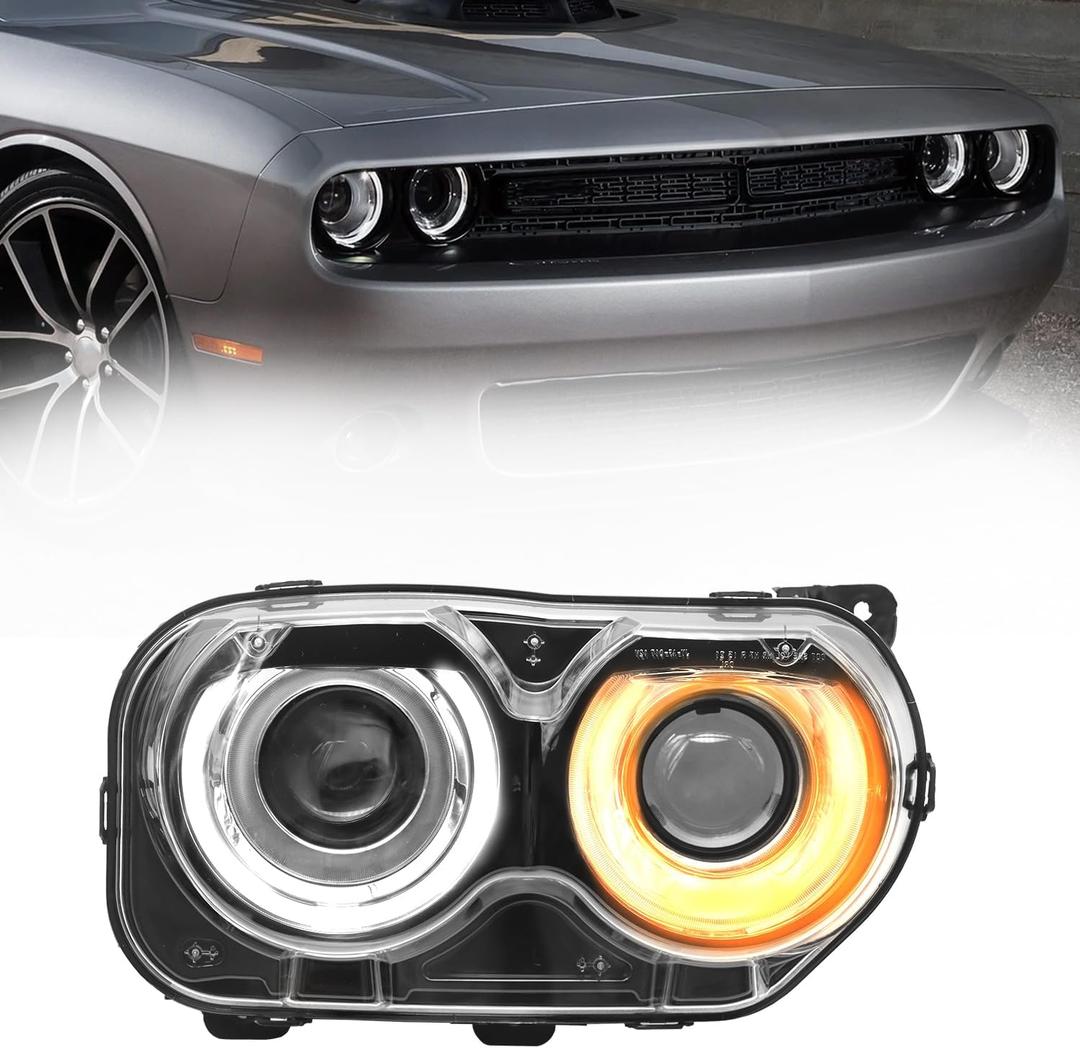 Headlight Assembly Fit for Dodge Challenger 2015 2016 2017 2018 2019 2020 Black Housing Halogen Headlamps With Bulb(Passenger side)