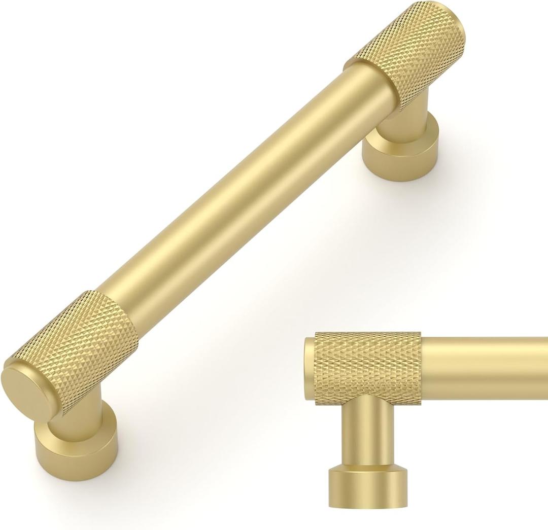 Amerdeco 10 Pack Brushed Gold Knurled Cabinet Pulls 3.75 Inch(96mm) Hole Center Kitchen Cabinet Handles Drawer Pulls Cabinet Hardware ZH0034 (3.75"/96MM Hole Center)