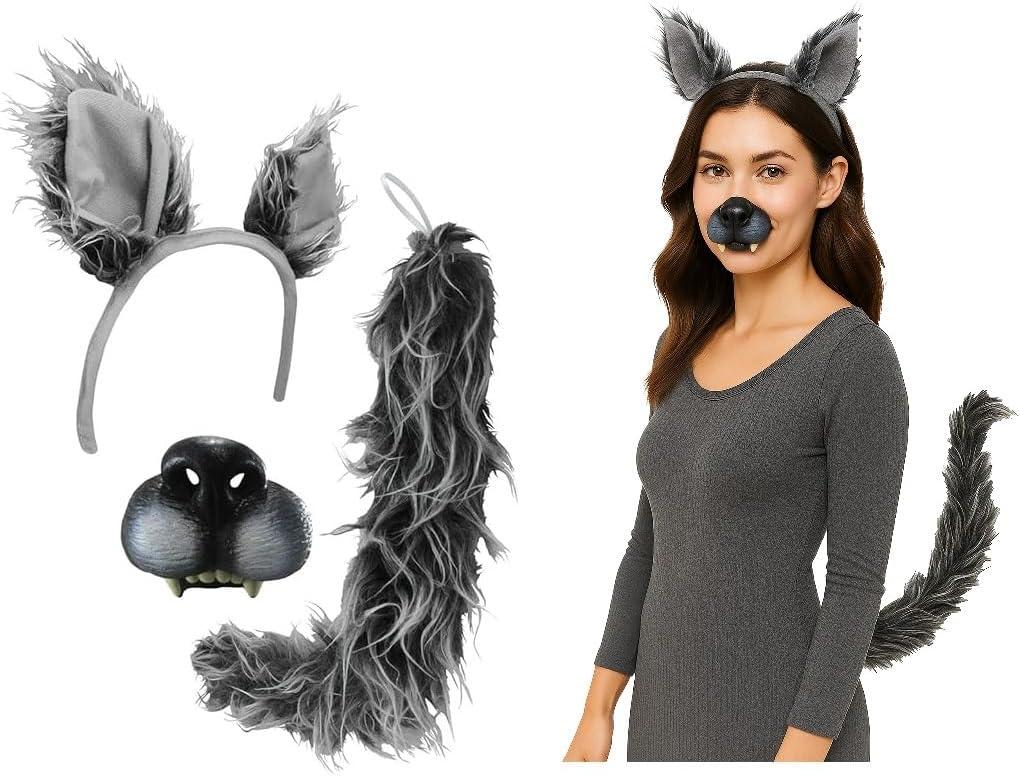Nicky Bigs Novelties Gray Werewolf Costume Kit Big Bad Wolf Ears Headband Tail and Nose Mask Set Faux Fur Halloween Cosplay Accessory for Adults One Size Fits Most
