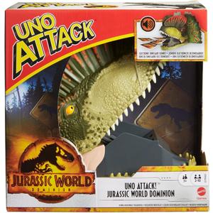 Mattel Games UNO Attack Jurassic World Dominion Card Game with Dinosaur Card Launcher for 2 to 10 Players Ages 7 Years & Older, Toy Gift and Collectible 