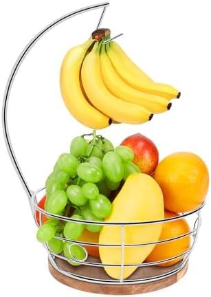 Livabber Countertop Fruit Basket Bowl with Banana Hanger, Modern Standing Fruit Vegetable Bowl Storage, with Banana Tree Holder for Kitchen Dinning Table (Round Wood, Chrome)