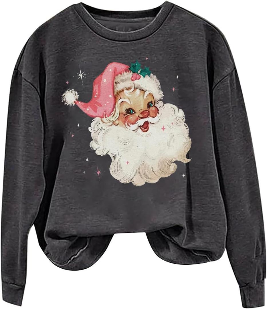 MYCHTE Retro Pink Santa Christmas Sweatshirt Women Vintage Santa Claus Graphic Tee Casual Long Sleeve Xmas Pullover Top (Medium, Gray)