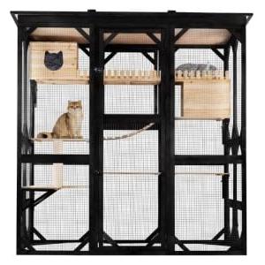 Catio Outdoor Cat Enclosure Cat House, Large Wooden Walk-in Cat Cage Condo Indoor Playpen with Multi Platforms, Flat Roof, and 2 Resting Box, 62.6 x 32.3 x 70.1 inches, Black