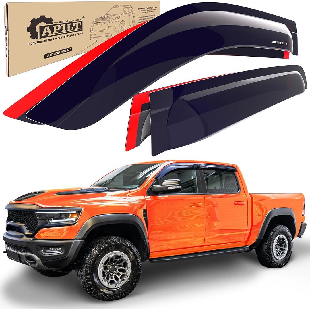 APILT Large Rain Guards Window Visors for 2019-2026 Dodge RAM 1500 Crew Cab (New Body Style) Outside-Mount Wind Vent Deflector Truck Accessories Dark Smoke 4-Piece Set with Thicker