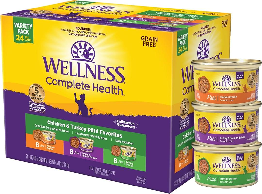 Wellness Complete Health Pate Variety Pack Adult Canned Wet Cat Food, Natural, Protein Rich, Grain Free, Chicken and Turkey Favorites, 3 oz, Pack of 24 Cans (EXP 04/25/28)