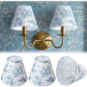 VIHOSE 2 Pcs Small Lamp Shade Sconce Lamp Shade 3 Top x 6'' Bottom x 5'' Slant French Countryside Toile Clip on Lampshade for Wall Sconces Chandelier Pendant Lighting(Crane and Human,Blue and White)
