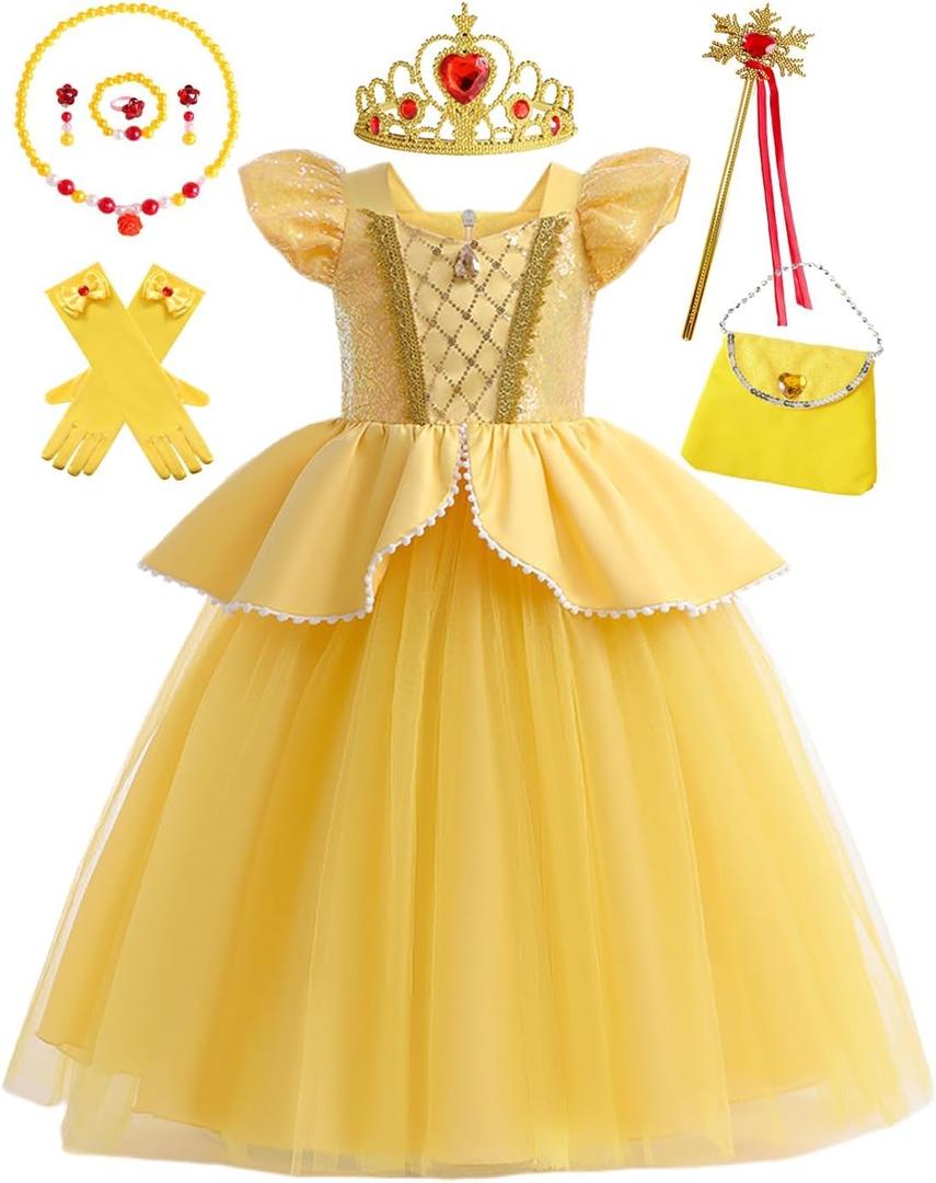 Girls Belle Princess Dress Kids yellow Princess Costume Girls Belle Dress Up with Jewelry Accessories, 6-7 Years
