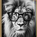Kate and Laurel Sylvie Black and White Lion in Reading Glasses Framed Canvas Wall Art by The Creative Bunch Studio 30 x 30 Gold, Whimsical, Animals, Humor Art for Wall Decor, Living Room, Bedroom
