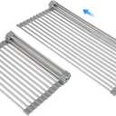 Large Expandable Roll Up Dish Drying Rack, Heat-Resistant Dish Drainer for Stainless Steel Sinks, Over The Sink Non-Slip Silicone Rollable Dish Drainer Roll Rack 18 Tube Gray 21.25''x12.79''