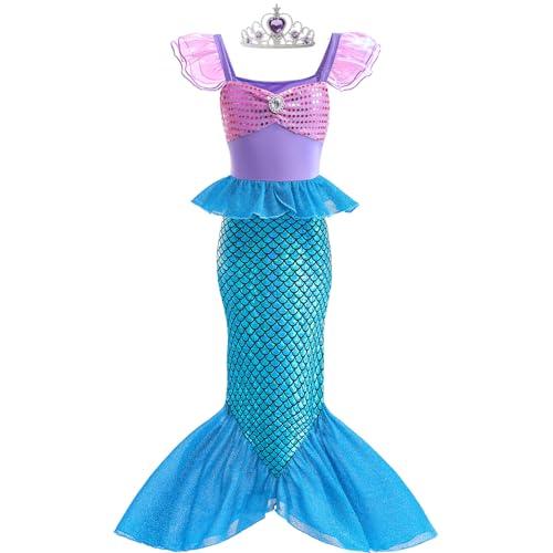 Danvren Mermaid Dress, Mermaid Tail Costume Little Girls Princess Dress up with Crown for Girl 4-5 Tall Gift, Blue 