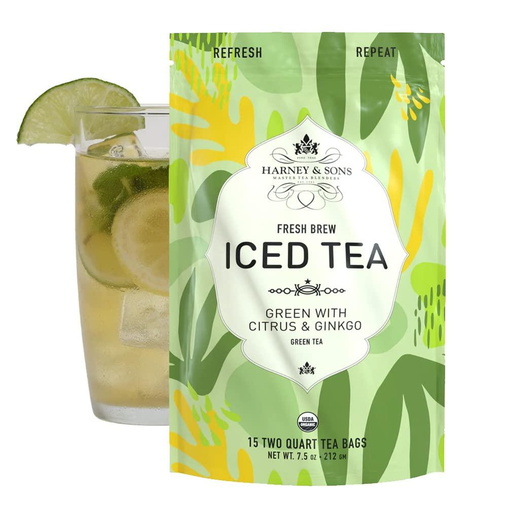 Harney & Sons Fresh Brew Iced Tea, Organic Green Tea with Citrus & Ginkgo, 15 Iced Tea Bags, Brews Up to 30 Quarts