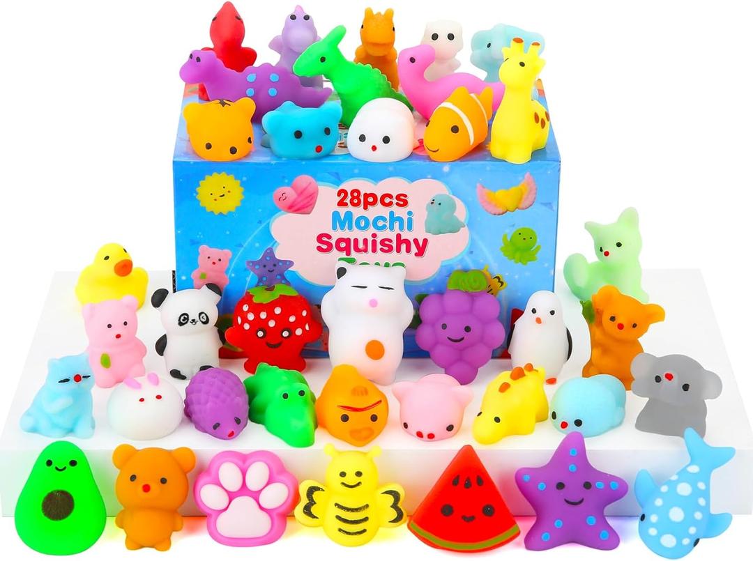 Squishy Toys, 28 Pack Kawaii Squishies and Cards, Gifts for Goodie Bag Stuffers, Party Favors for Kids 4-8 8-12, Treasure Box Classroom Prizes Mochi Squishy Cat Fidget Toys