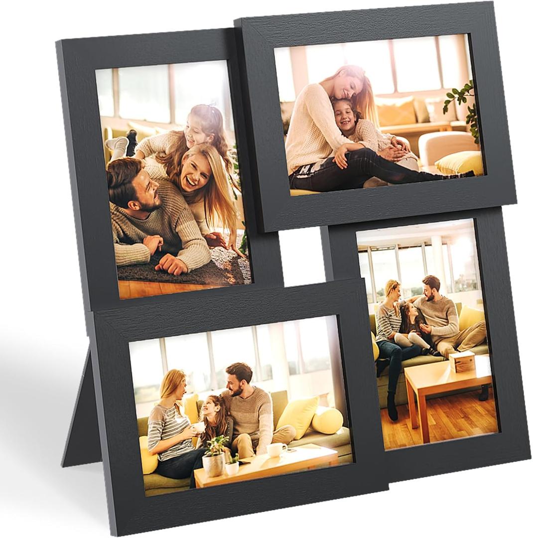 Egofine 4x6 Collage Picture Frames, Made of Solid Wood, Family Picture Frame Display Four 4x6 Photos, Covered by Plexiglass for Wall Hanging and Tabletop, Black