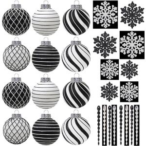 SLEETLY 28pk Black and White Christmas Ball Ornaments for Tree Decorations - Holiday Xmas Shatterproof Plastic Balls, Icicles and Snowflakes Ornament Set