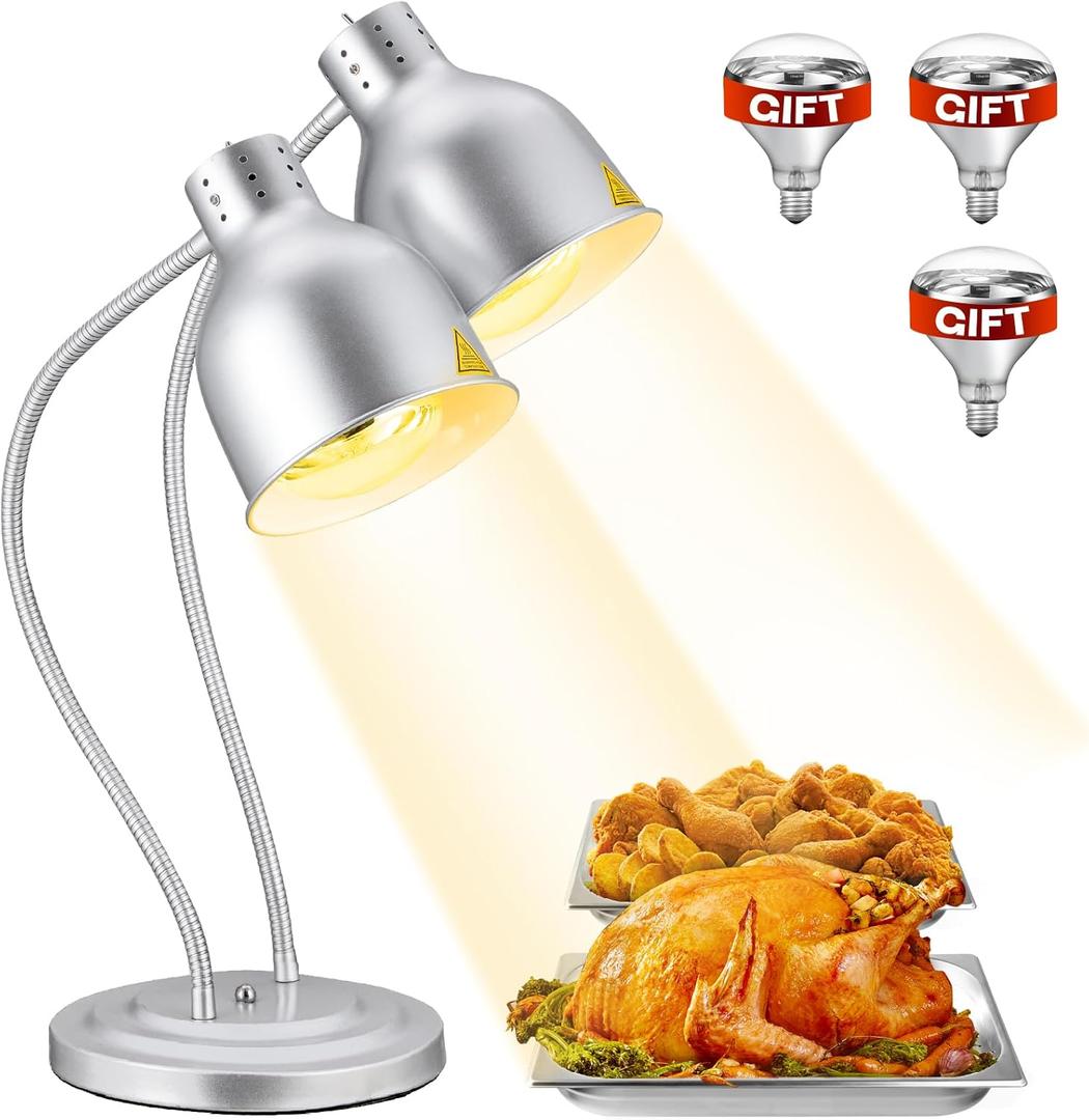 Food Heat Lamp: [Rapid-Heating Bulbs Included] [Steady Heating] Commercial Food Warmer Lamp, Electric Heat Light for Catering Food Warming Light for Buffet Parties (Painted Silver, 32" (2-Head))