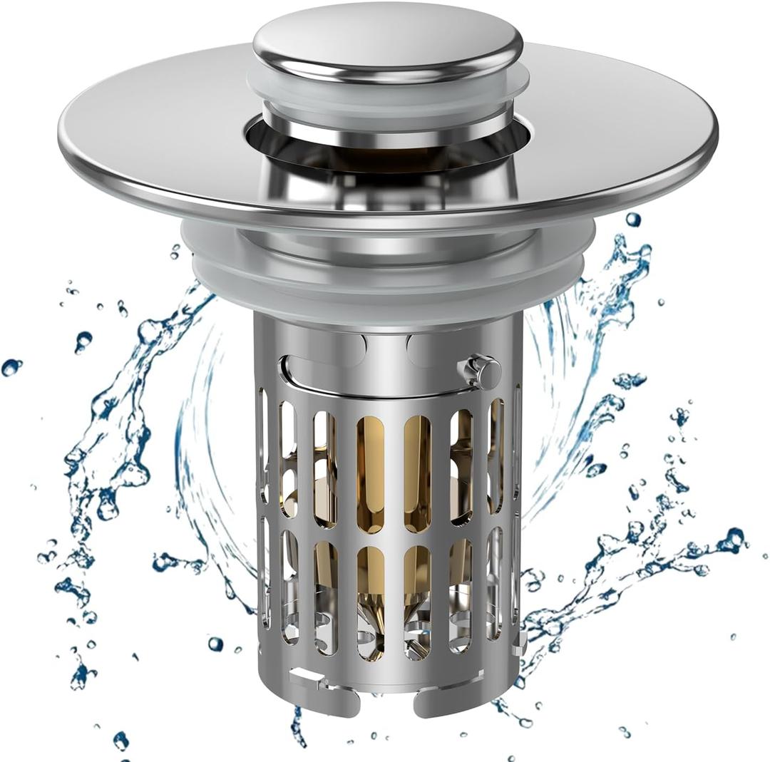 Bathroom Sink Drain Strainer, Pop Up Sink Drain Filter with Removable Stainless Steel Filter Basket Hair Catcher, Sink Drain Strainer, for Us Bathroom Sink Stopper Replacement (1 Pack)