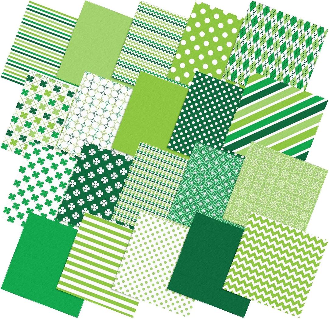 20 Pcs 10''x10'' St. Patrick's Day Quilting Fabric Square Bundle Irish Green Precuts Quiltted Fabric Shamrock Lucky Clover Printed Patchwork Supplies for Holiday Patchwork DIY Sewing Craft