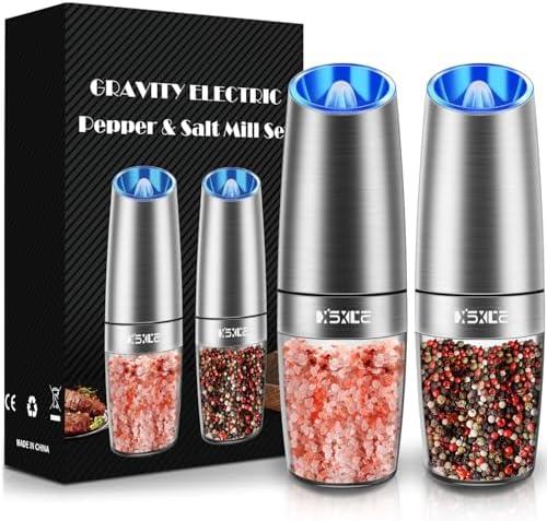 XinXu Gravity Electric Pepper and Salt Grinder Set, Salt/Pepper Mill & Adjustable Coarseness, Battery Powered with LED Light, One Hand Automatic Operation, (Set/Silver)