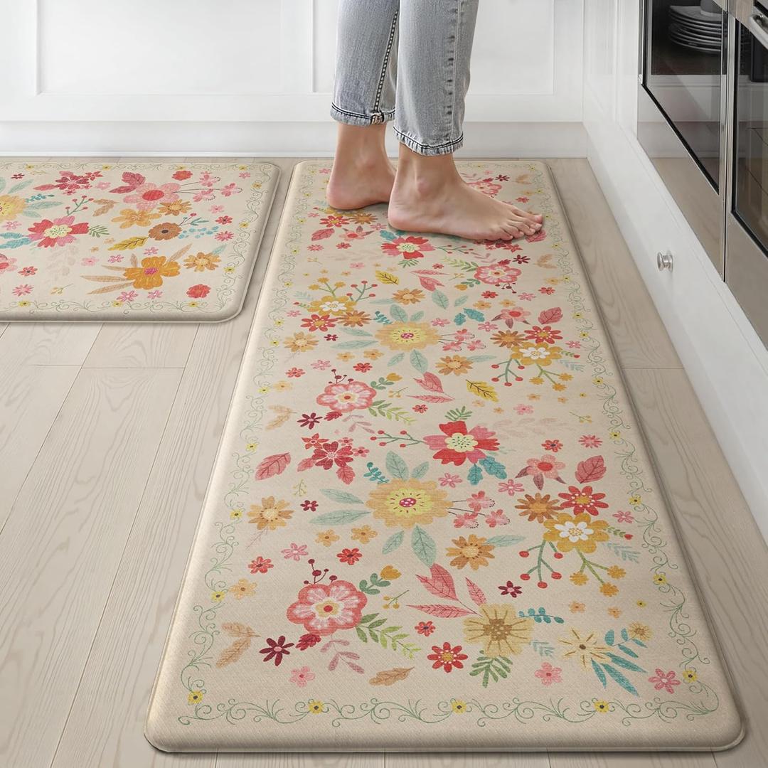 GENIMO Kitchen Mats for Floor 2PCS, Cushioned Kitchen Rugs Non Slip Washable, Anti Fatigue Mat Waterproof, Comfort Standing Mat Rug for Office, Home, Sink, Laundry, 17.3"x47"+17.3"x30", Beige
