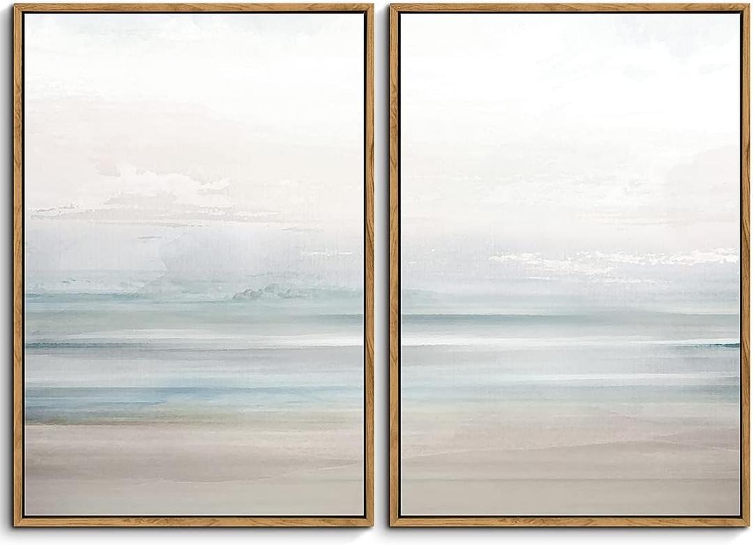 Gardenia Art Framed Coastal Beach Canvas Wall Art Decor Abstract Ocean Landscape Painting Prints Modern Artwork for Living Room Bathroom Bedroom Home Decoration Ready to Hang 16"x24" x2