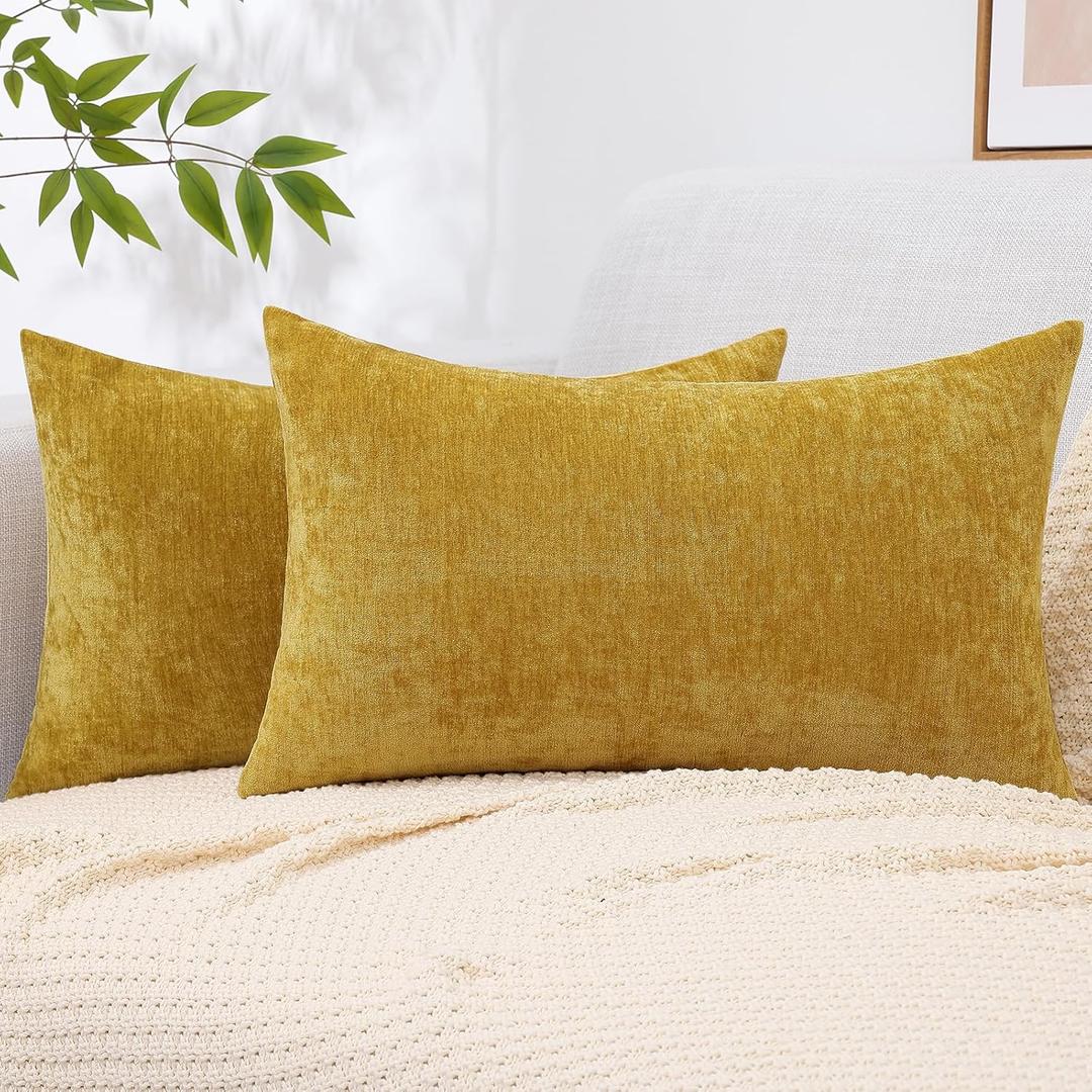 decorUhome Chenille Mineral Yellow Throw Pillow Covers 12x20 Inch Set of 2, Decorative Soft Couch Pillow Covers Solid Dyed Accent Farmhouse Neutral Rectangle Pillow Cases for Sofa