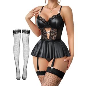 Lilosy Sexy Stocking Rhinestones Heart Garter Underwire Floral Mesh lace Sheer Babydoll Lingerie Teddy Bodysuit Skirt Set (XX-Large, Leather Black)